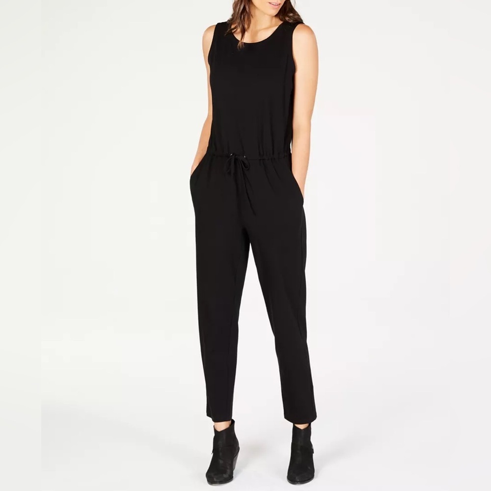 Eileen Fisher Sleeveless Drawstring Waist Jumpsuit Black Petite PP - Picture 1 of 12